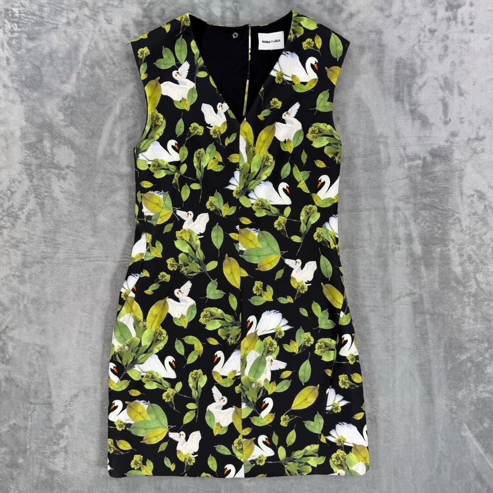Bimba Y Lola Sleeveless V-Neck Shift Dress Size Small Black Swan Botanical Print